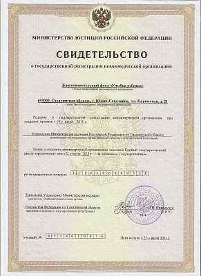 Свидетельство о государственной регистрации некоммерческой организации